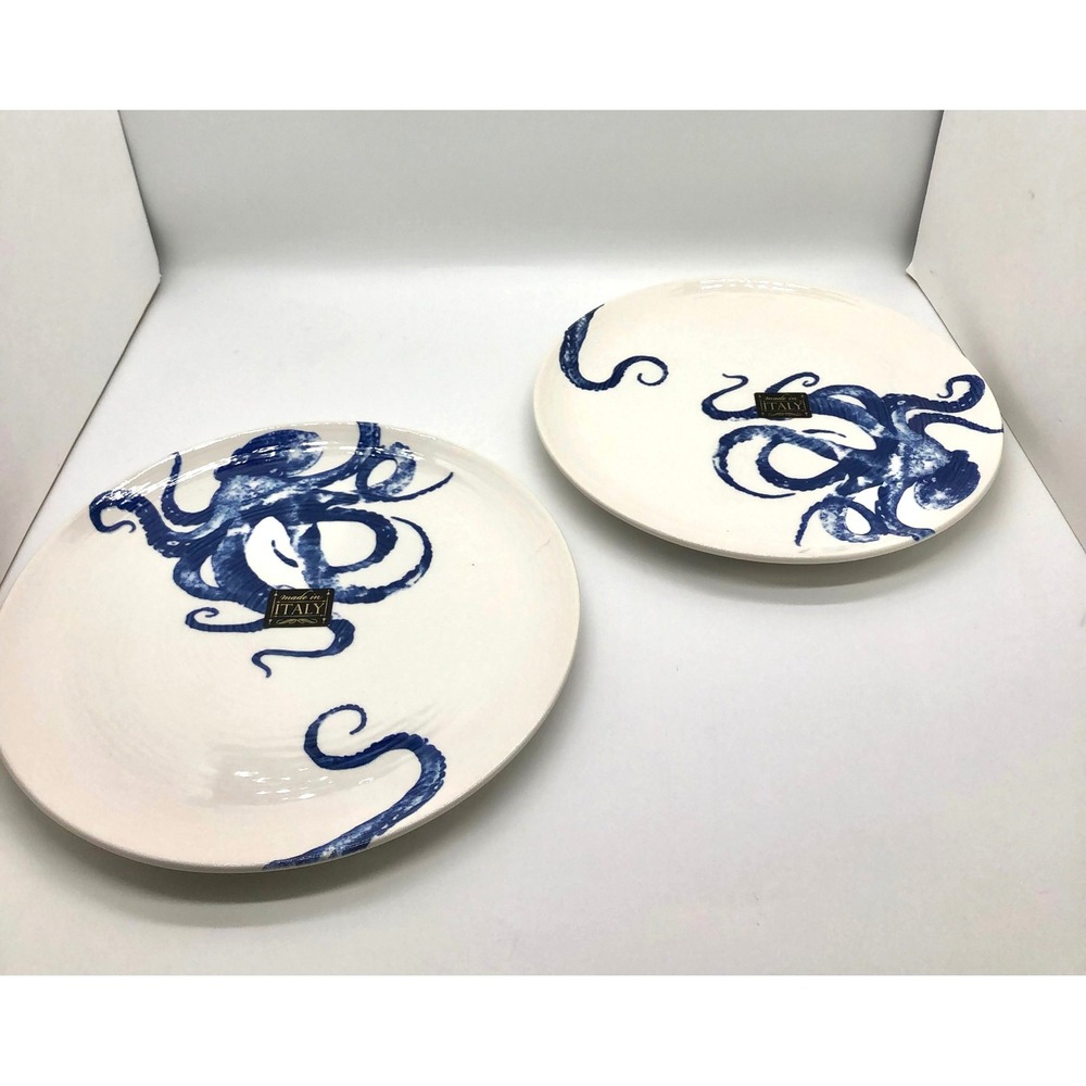 Ceramiche Italia Set of 2 Made in Italy Blue Octopus Ceramic Dinner Plates